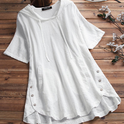 Blusa holgada con capucha y cuello redondo de manga corta para mujer, informal, de verano, talla grande