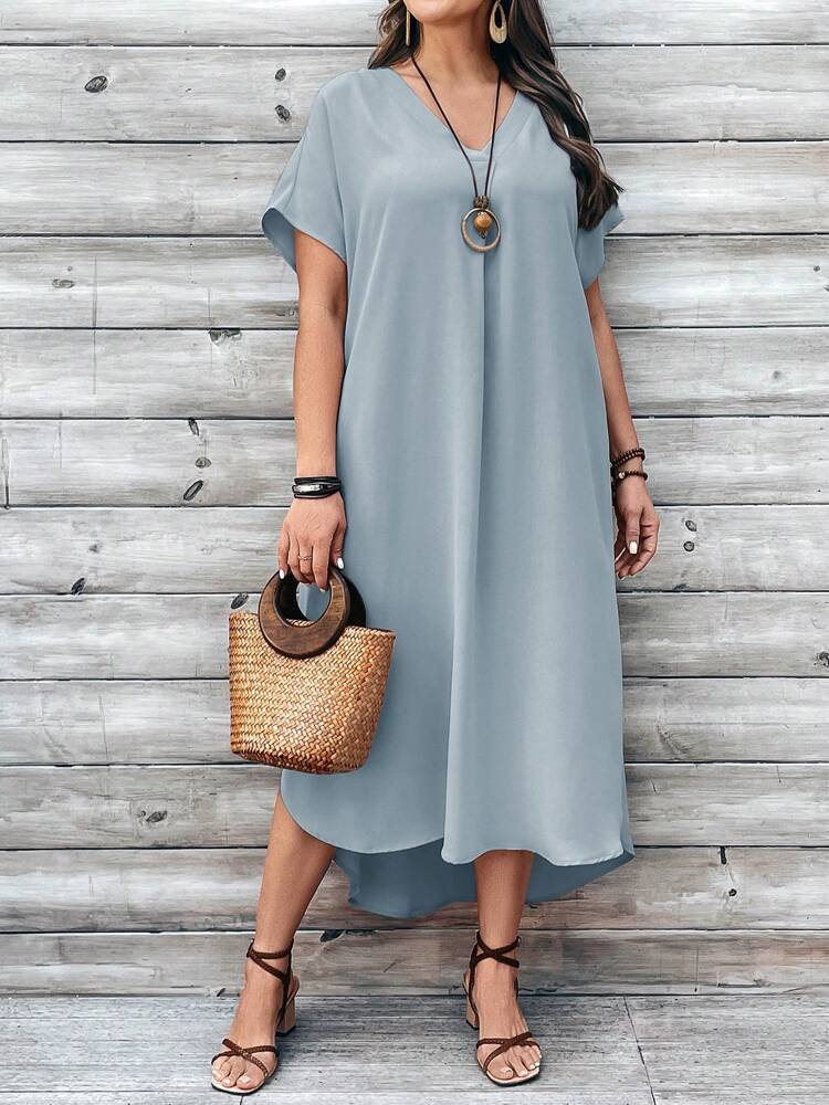 Spring And Summer Plus Size Women Fashion Casual V-Neck Dress