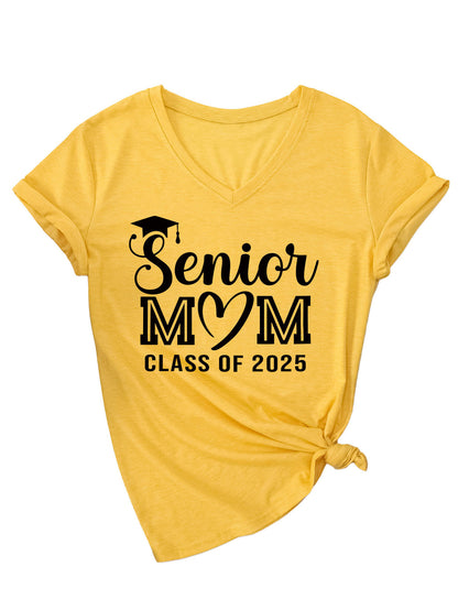 Camiseta informal de verano para mujer, color liso, con estampado de letras Mom, cuello en V y manga corta 2025