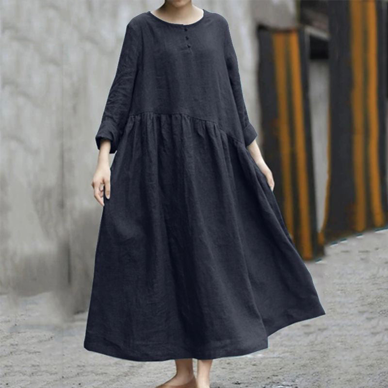 Women Casual Loose Plus Size Solid Color Round Neck Pocket Long Sleeve Dress