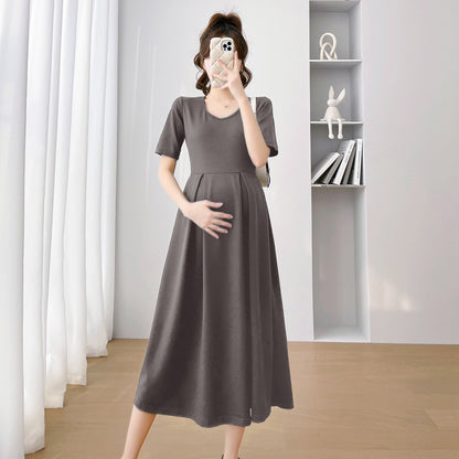 Summer Women Fashion Casual Solid Color Short Sleeve Maternity Dress