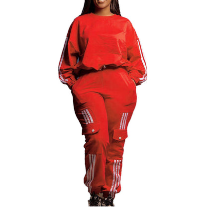 Women Fashion Casual Round Neck Long Sleeve Top Pocket Jogger Pants Two-Piece Set
