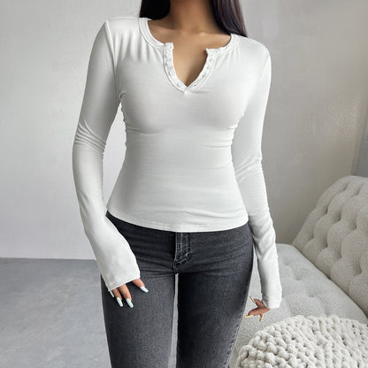 Camiseta informal sencilla de manga larga con cuello en V y botones para mujer