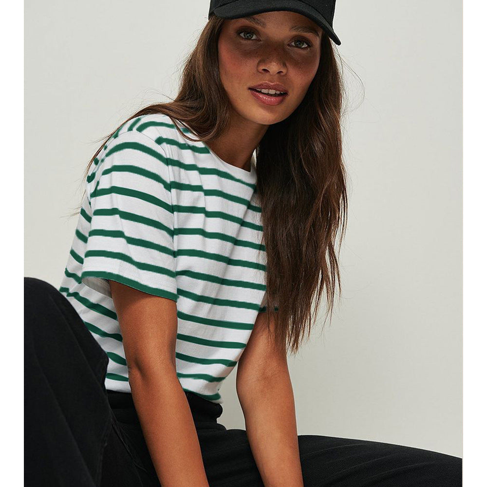 Camiseta informal de manga corta a rayas con cuello redondo