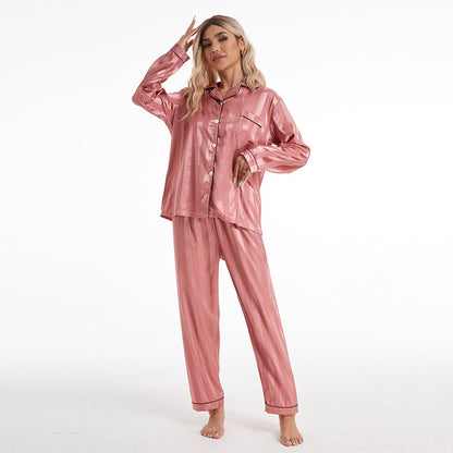 Conjunto de pijama de manga larga para mujer, sencillo e informal, de seda sintética, con rayas gruesas y cárdigan