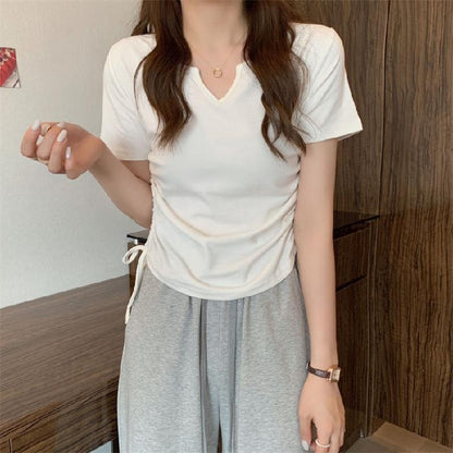 Summer Women Casual V-Neck Short-Sleeved Drawstring T-Shirt