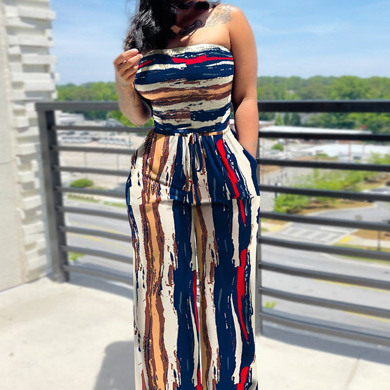 Women Fashion Casual Elegant Printed Sleeveless Slim Fit Lace-Up Jumpsuits