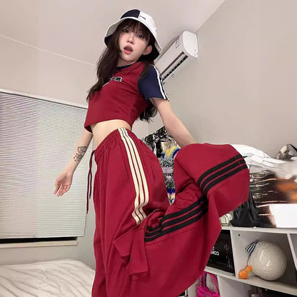Conjunto de dos piezas para mujer, camiseta informal de manga corta con estampado de letras y pantalones anchos