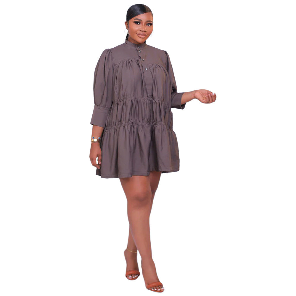 Women Simple Loose Casual Half High Neck Long Sleeve Dress