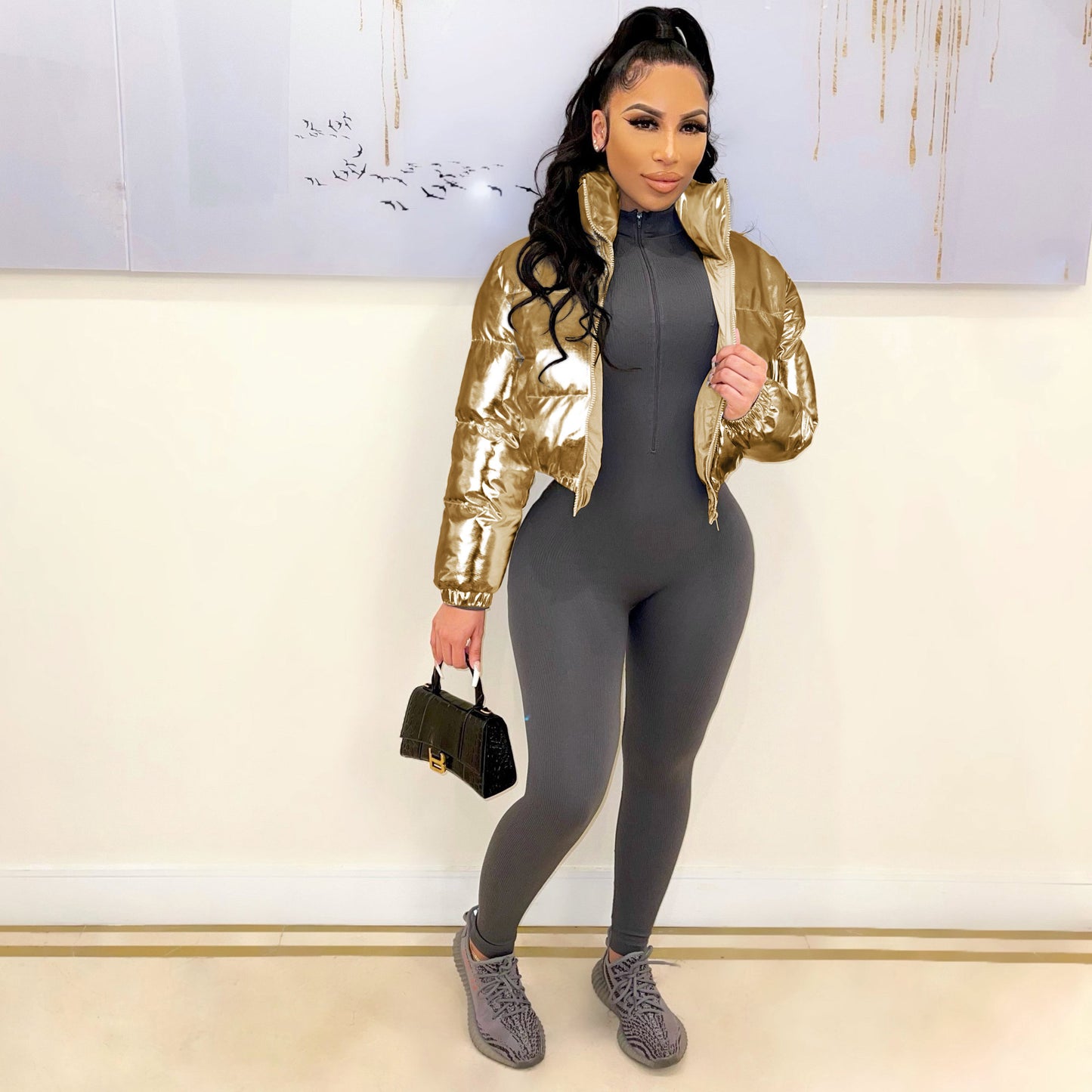 Autumn Winter Women Fashion Casual Bronzing Short Jacket Coat