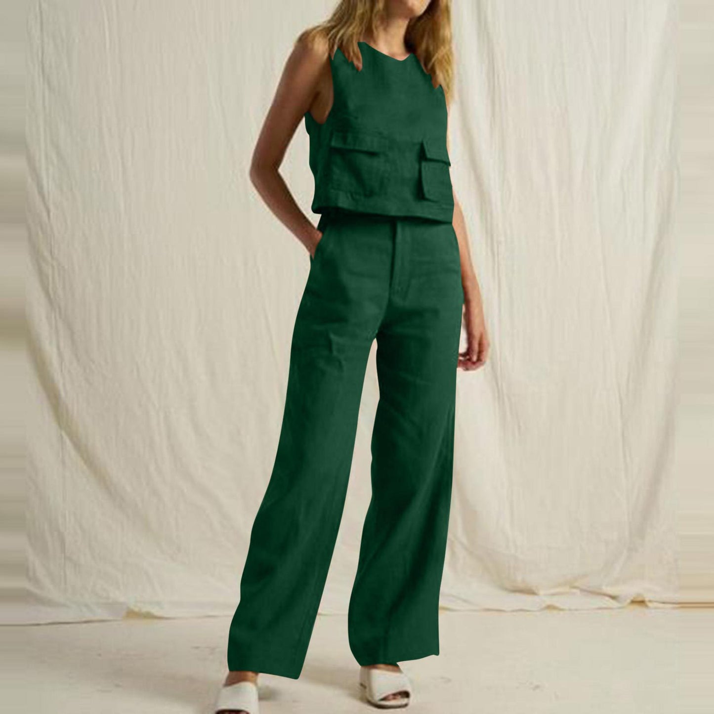 Conjunto de dos piezas informal de moda para mujer, sencillo, de color sólido, sin mangas, con bolsillos y pantalones