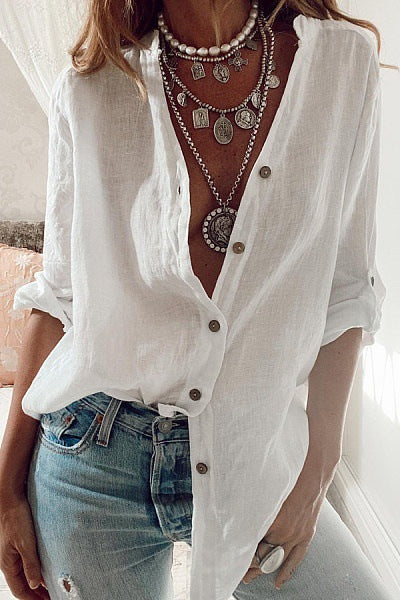 Camisa de lino y algodón de otoño de gran tamaño S-5XL, camisas de moda con botones para mujer, blusas blancas informales holgadas, blusa lisa con mangas enrollables