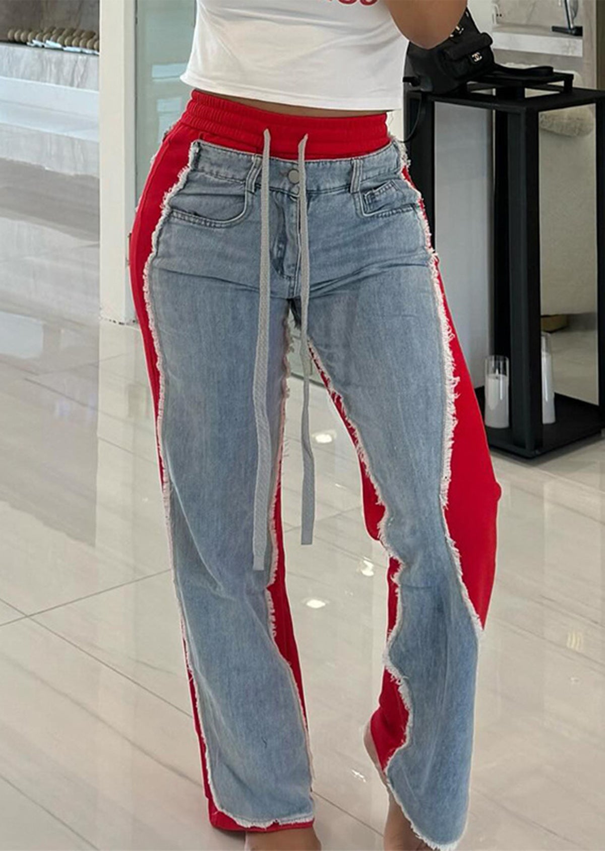 Women Fashion Casual Stitching Drawstring Jeans