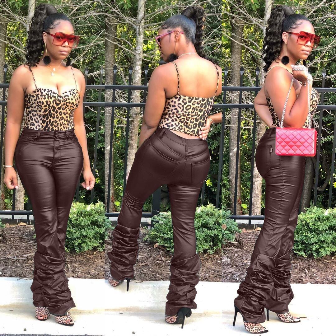 Women Fashion Casual Creased PU Pants