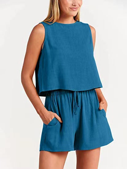 Conjunto de dos piezas formado por camiseta sin mangas y pantalones cortos de cintura alta, para mujer, estilo informal, para vacaciones de verano