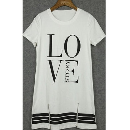 Women Casual Letter Print Fashion Round Neck Short Sleeves Zipper Loose Dress