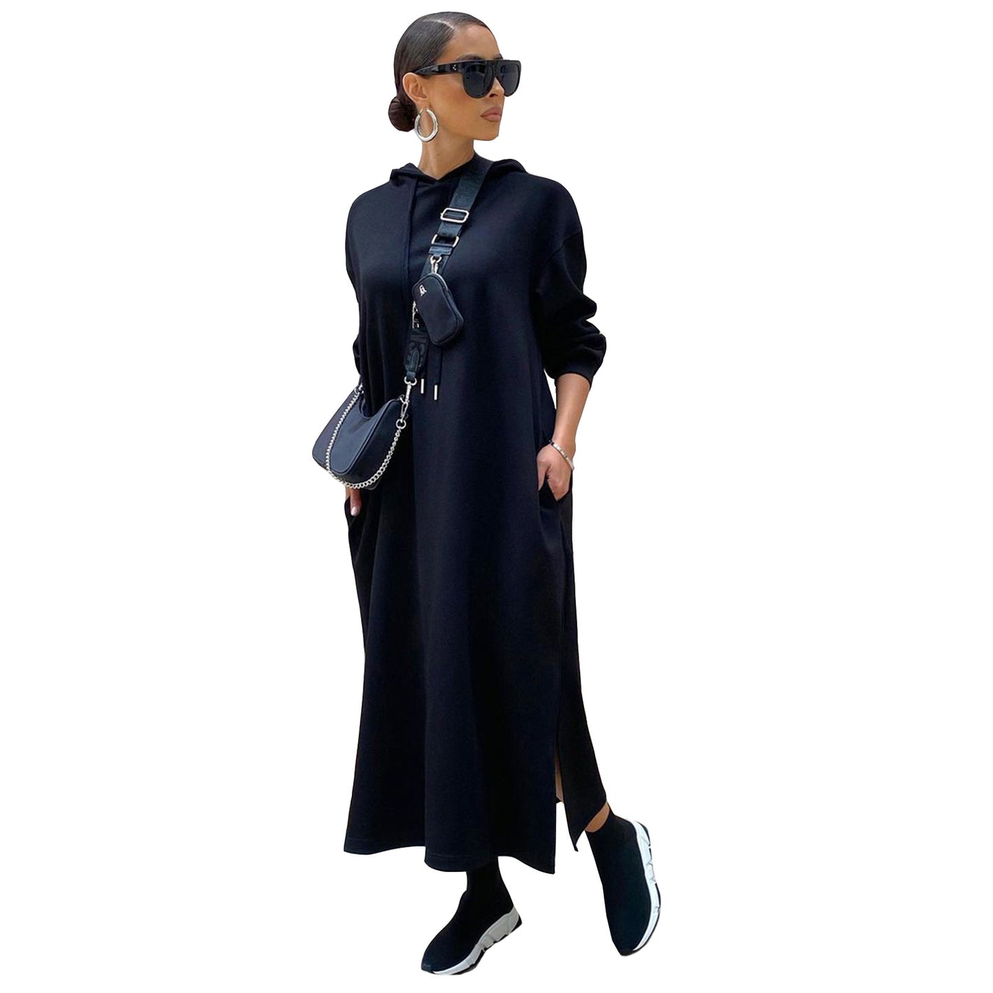 Winter Women Fashion Casual Solid Color Hooded Dress