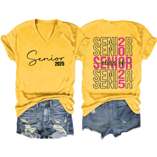 Camiseta informal de manga corta con cuello en V y estampado de letras para mujer 2025