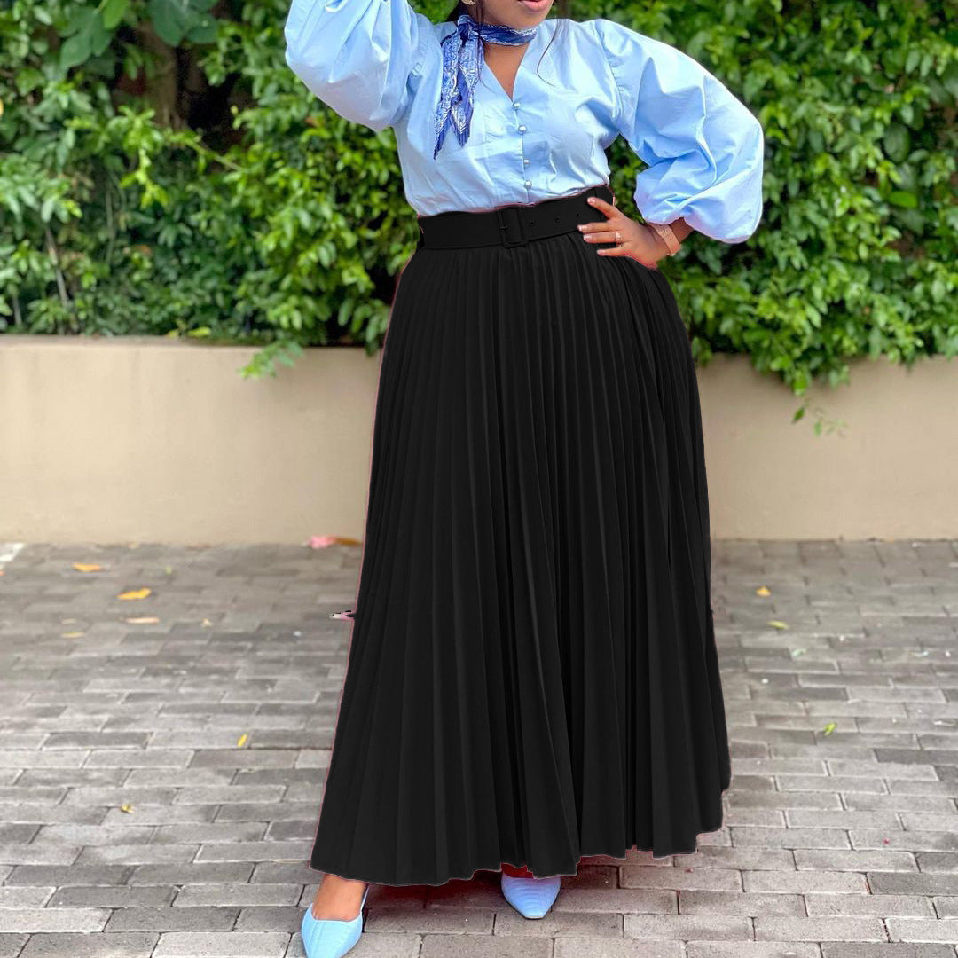 Women Solid Color High Waist Pleated Fashion Casual Loose Long Skirts
