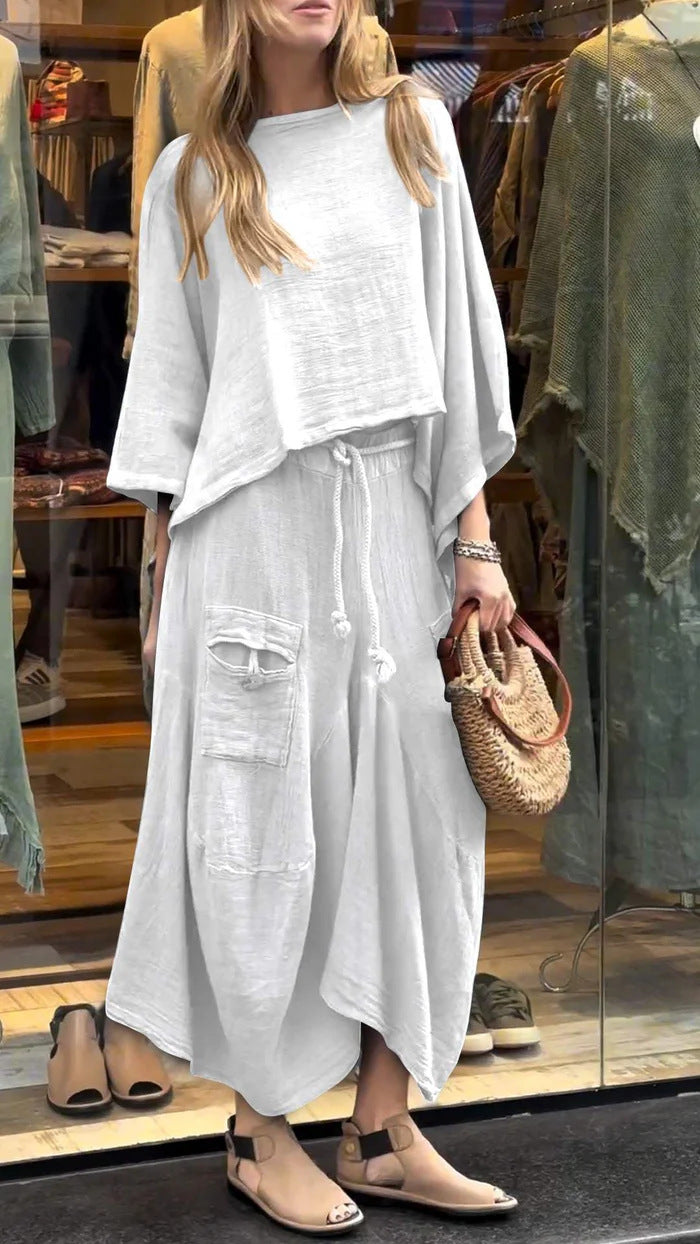 Conjunto de dos piezas para mujer, informal, de color liso, holgado, de manga larga, con falda irregular y cordones