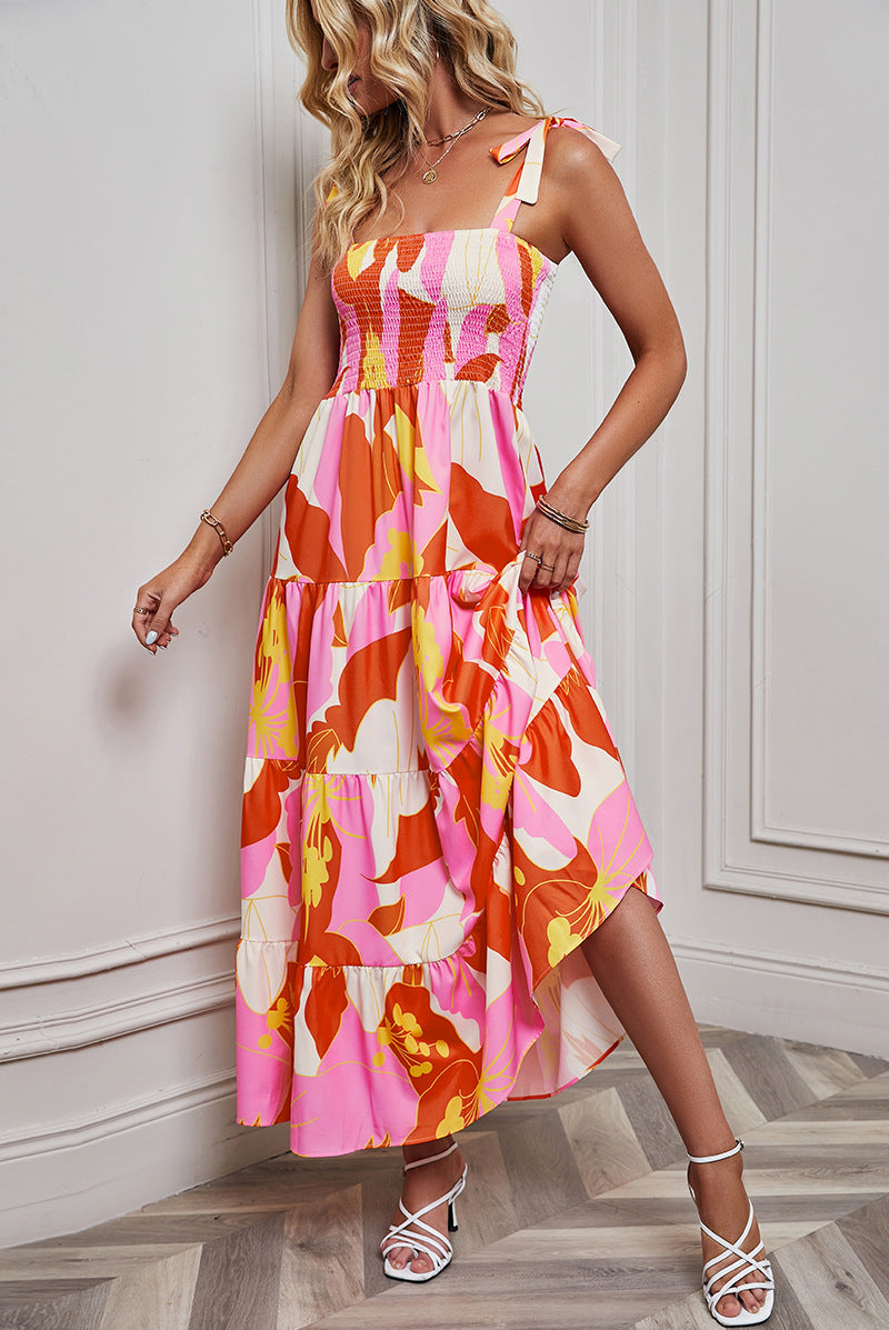 Vacation Women Casual Fashion Backless Printed Strap Maxi Dress