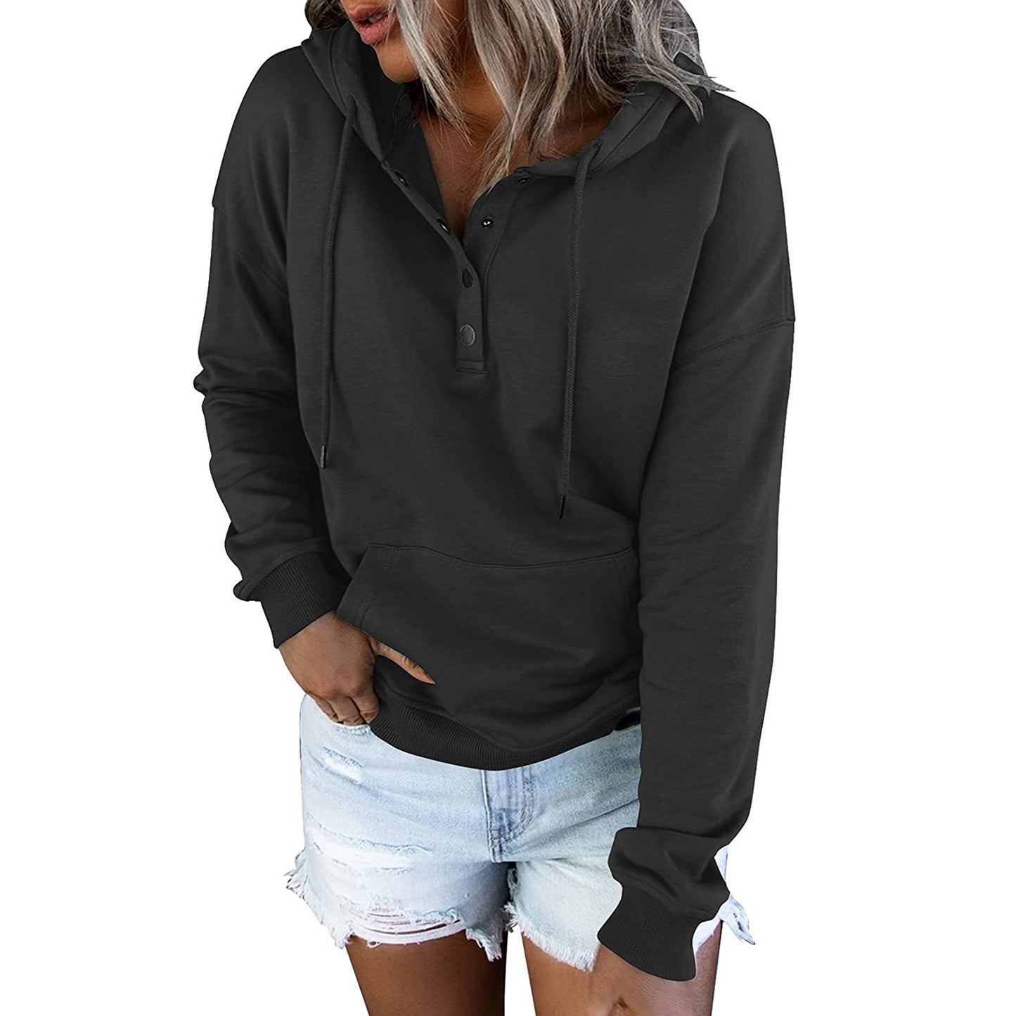 Sudadera con capucha básica informal de manga larga con bolsillo suelto y cuello en V para mujer
