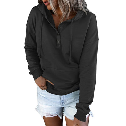 Sudadera con capucha básica informal de manga larga con bolsillo suelto y cuello en V para mujer