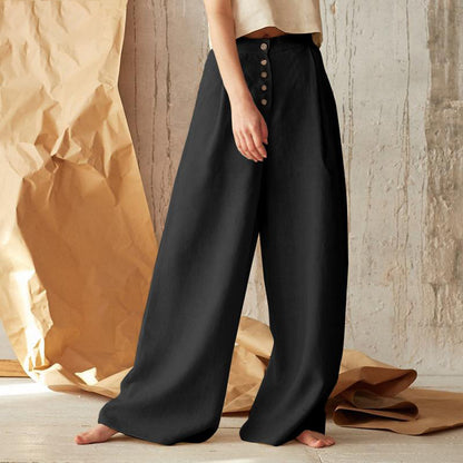 Women Solid Color Casual High Waist Buttoned Cotton Linen Wide Leg Pants