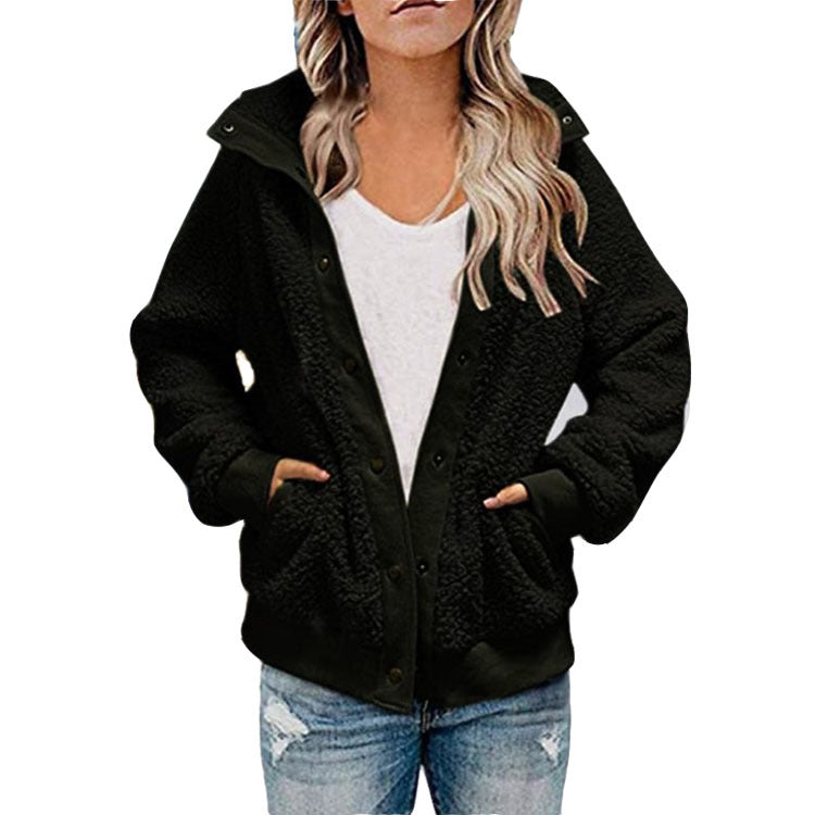 Abrigo de peluche holgado informal de invierno de manga larga y color liso para mujer