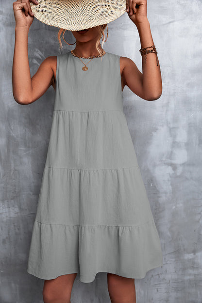 Women Spring And Summer Casual Basic Round Neck Loose Big Swing Dress