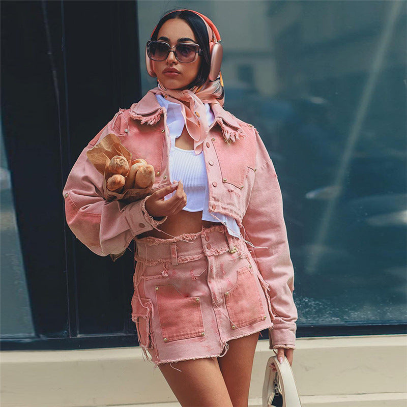Conjunto de falda vaquera con solapa en contraste informal de otoño para mujer