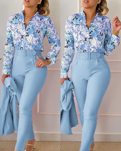 Blusa informal de manga larga con solapa y estampado floral para mujer, pantalones ajustados de dos piezas