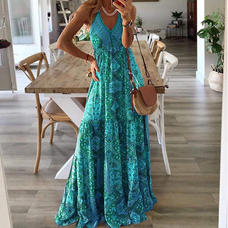 Vestido largo bohemio informal con estampado de flores diminutas y escote en V con tirantes para mujer