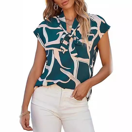 Blusa informal de verano con estampado gráfico y lazo de cinta, cuello en V y manga corta para mujer