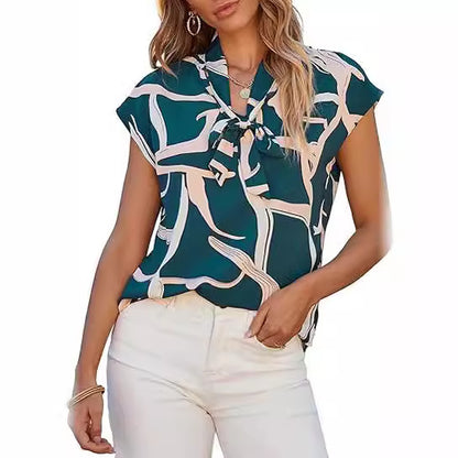 Blusa informal de verano con estampado gráfico y lazo de cinta, cuello en V y manga corta para mujer
