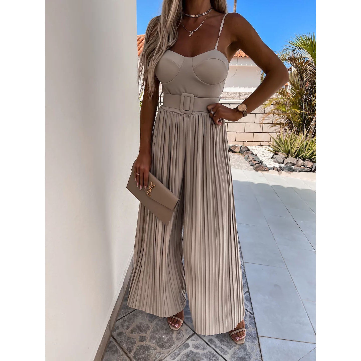 Women Summer Sexy Sling Pleated Casual Vacation Solid Color Jumpsuits