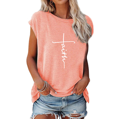 Camiseta informal de verano para mujer con estampado de letras Peace Faith, cuello redondo, manga corta y holgada
