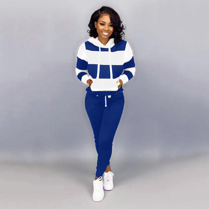Conjunto deportivo informal para mujer, de manga larga, a rayas, con capucha y pantalones de chándal con bloques de color