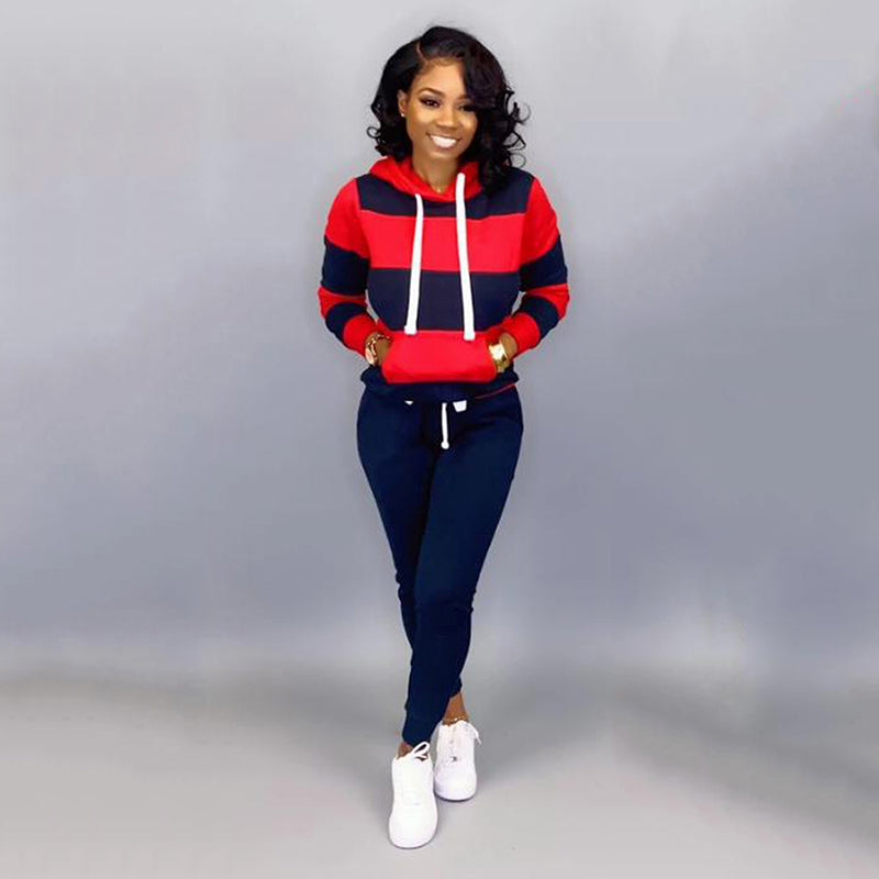 Conjunto deportivo informal para mujer, de manga larga, a rayas, con capucha y pantalones de chándal con bloques de color