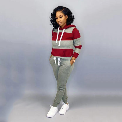 Conjunto deportivo informal para mujer, de manga larga, a rayas, con capucha y pantalones de chándal con bloques de color