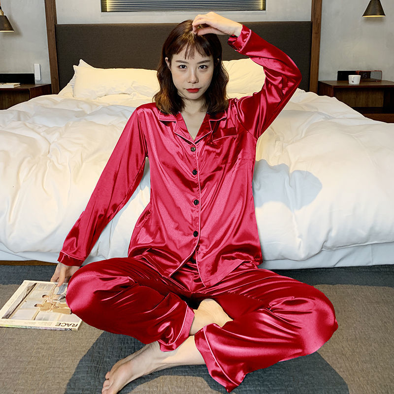 Conjunto de pijama informal de manga larga y pantalón de color liso para mujer