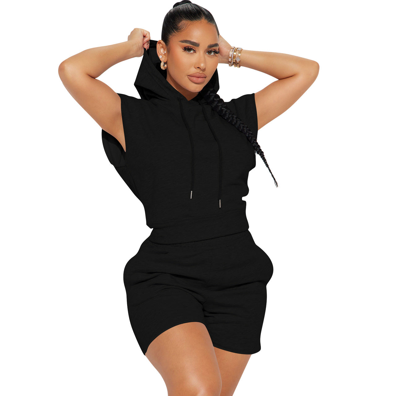 Women Fashion Casual Sports Style Solid Color Short Sleeve Hooded Top Shorts Two-Piece Set