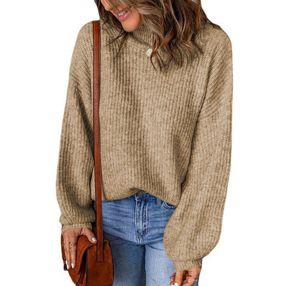 Suéter informal holgado de punto con cuello alto y mangas abullonadas de color liso para mujer de invierno