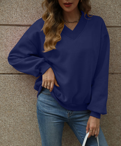 Women Fashion Casual Solid Color V-Neck Fleece-Lined Loose Sweatshirt
