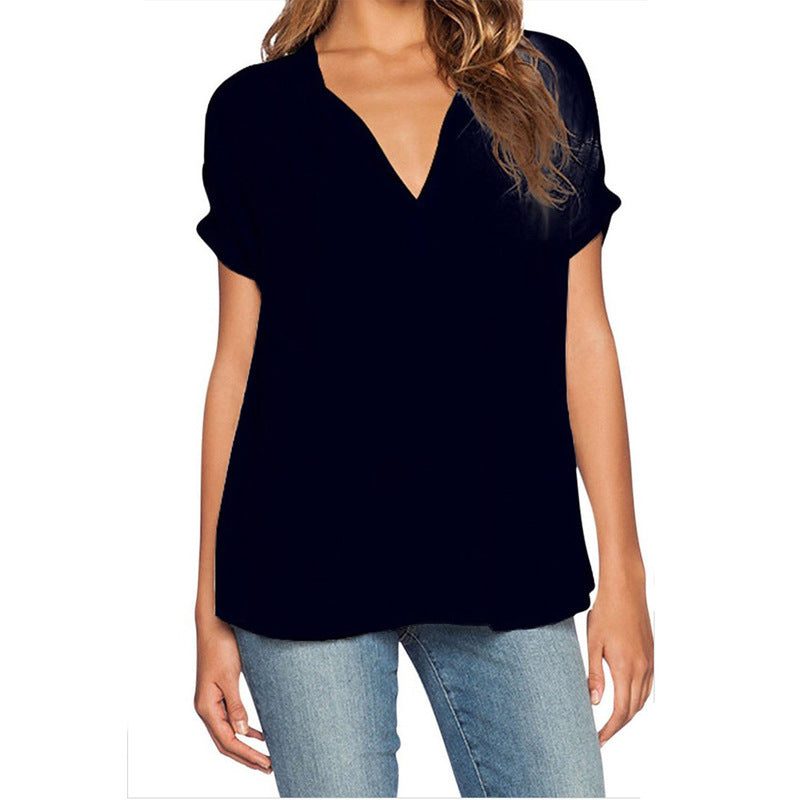 Blusa holgada informal de manga corta con cuello en V liso para mujer, estilo chic de oficina