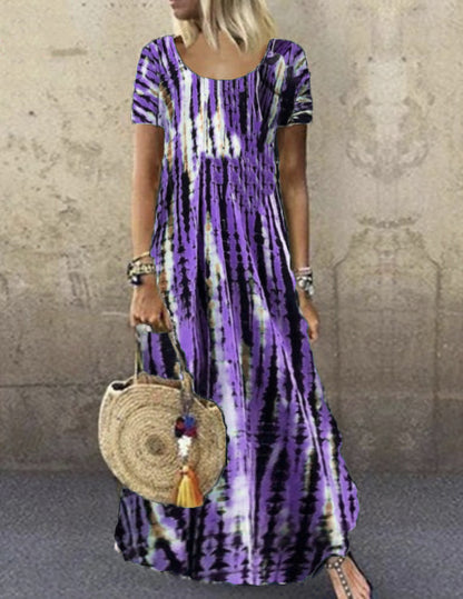 Vestido largo holgado informal de manga corta con cuello redondo y estampado tie-dye para mujer