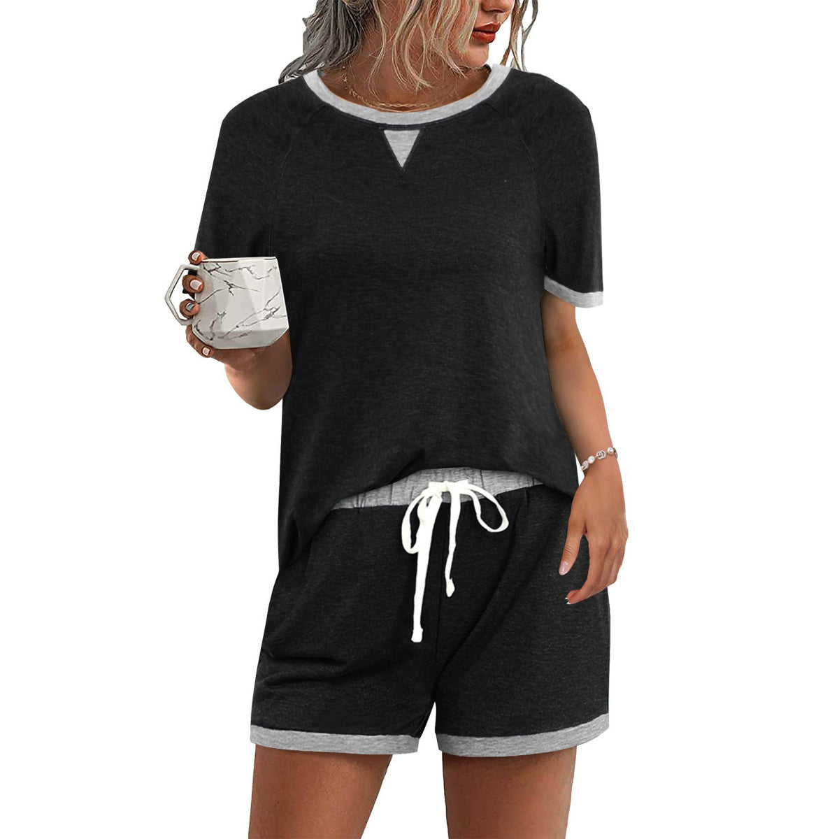 Summer Women Casual Round Neck Short-Sleeved T-Shirt Drawstring Shorts Two-Piece Set