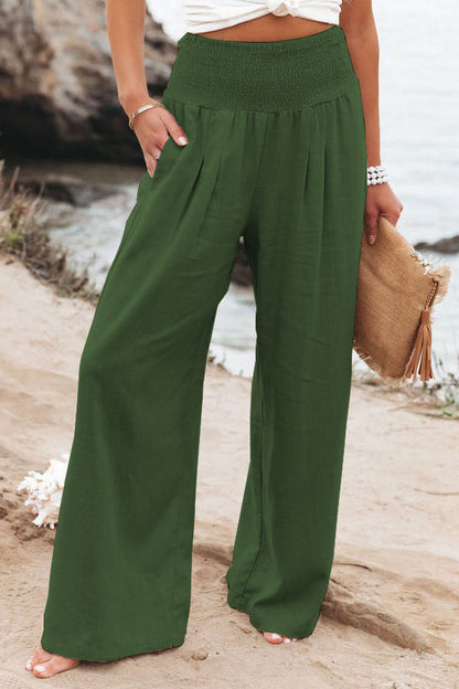 Women Cotton Linen Pockets Solid Loose Casual Wide Leg Long Trousers Pants