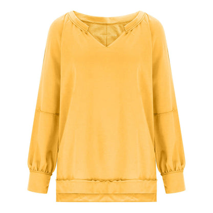 Camiseta informal holgada de manga larga con cuello en V y estampado irregular para mujer