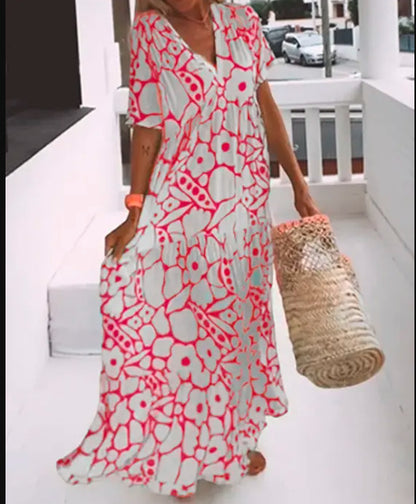 Vestido largo informal de verano con estampado floral y cuello en V para mujer